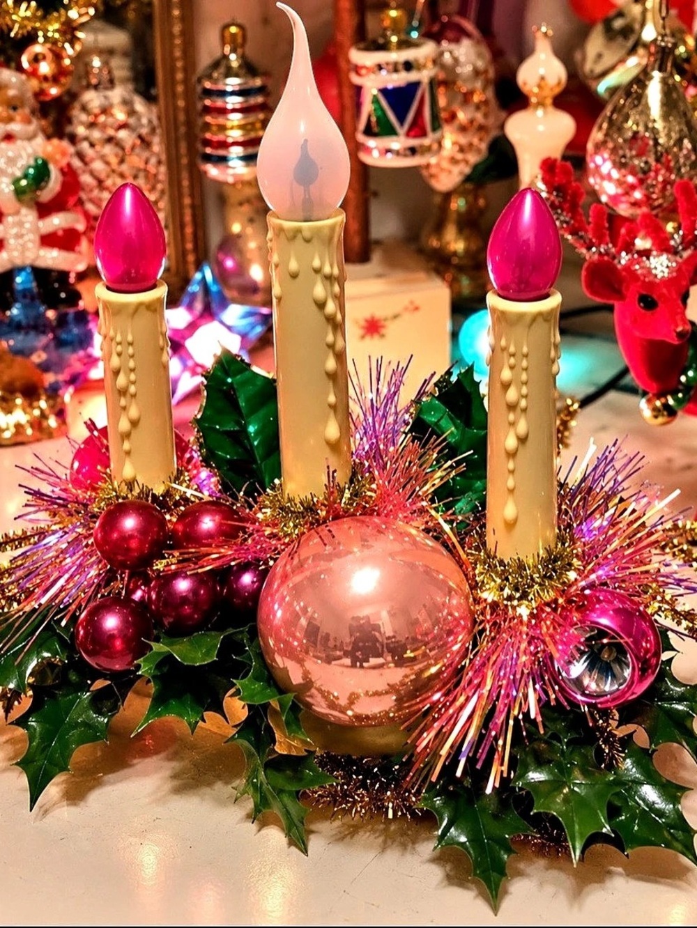 Vintage Christmas Holiday Candle Centerpiece, pink & Gold